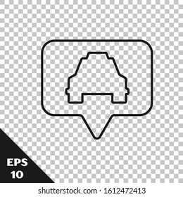 Black line Map pointer with taxi icon isolated on transparent background. Location symbol.  Vector Illustration