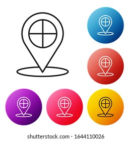 Black line Map pointer with taxi icon isolated on white background. Location symbol. Set icons colorful circle buttons. Vector Illustration