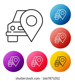Black line Map pointer with taxi icon isolated on white background. Location symbol. Set icons colorful circle buttons. Vector Illustration