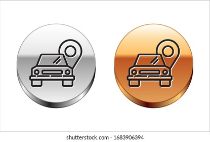 Black line Map pointer with taxi icon isolated on white background. Location symbol. Silver-gold circle button. Vector Illustration