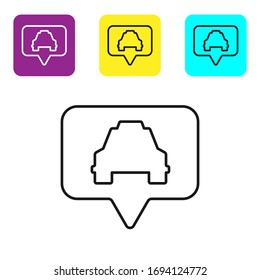 Black line Map pointer with taxi icon isolated on white background. Location symbol. Set icons colorful square buttons. Vector Illustration