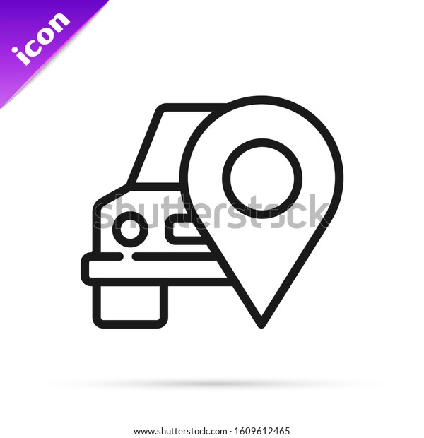Black line Map\
pointer with taxi icon isolated on white background. Location\
symbol.  Vector\
Illustration