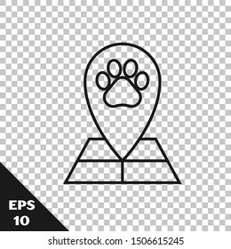 Black line Map pointer with veterinary medicine hospital, clinic or pet shop for animals icon isolated on transparent background. Veterinarian clinic.  Vector Illustration