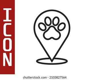 Black line Map pointer with veterinary medicine hospital, clinic or pet shop for animals icon isolated on white background. Veterinarian clinic.  Vector