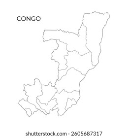 A black line map of the Republic of the Congo showing its administrative divisions, with the country name labeled above on a white background