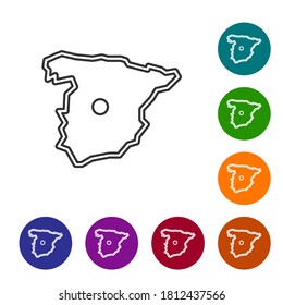 Schwarze Karte von Spanien Symbol einzeln auf weißem Hintergrund. Symbole in den Farbkreisknöpfen einstellen. Vektorgrafik.