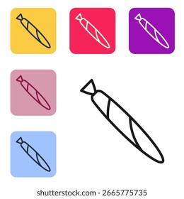 Articulación de marihuana de línea negra, icono rayado aislado sobre fondo blanco. Cigarrillo con droga, cigarrillo de marihuana enrollado. Establezca los íconos en Botones cuadrados de color. Vector
