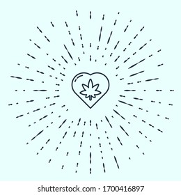 Black line Marijuana leaf in heart shape icon isolated on grey background. Hemp symbol. Abstract circle random dots. Vector Illustration