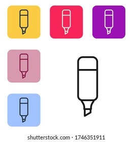 Das Symbol des Markers für die schwarze Linie ist auf weißem Hintergrund isoliert. Stellen Sie Symbole in quadratischen Farbknöpfen ein. Vector Illustration
