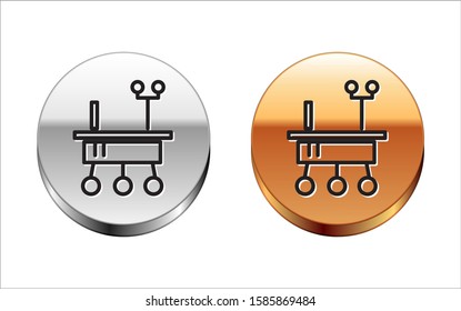 Black line Mars rover icon isolated on white background. Space rover. Moonwalker sign. Apparatus for studying planets surface. Silver-gold circle button. Vector Illustration