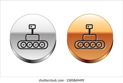 Black line Mars rover icon isolated on white background. Space rover. Moonwalker sign. Apparatus for studying planets surface. Silver-gold circle button. Vector Illustration
