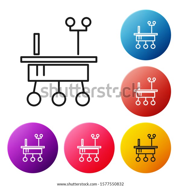 Black line\
Mars rover icon isolated on white background. Space rover.\
Moonwalker sign. Apparatus for studying planets surface. Set icons\
colorful circle buttons. Vector\
Illustration