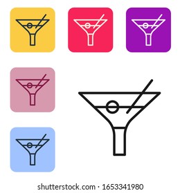 Black line Martini glass icon isolated on white background. Cocktail icon. Wine glass icon. Set icons in color square buttons. Vector Illustration