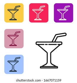 Black line Martini glass icon isolated on white background. Cocktail icon. Wine glass icon. Set icons in color square buttons. Vector Illustration