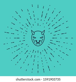 Black line Mask of the devil with horns icon isolated on green background. Abstract circle random dots. Vector Illustration