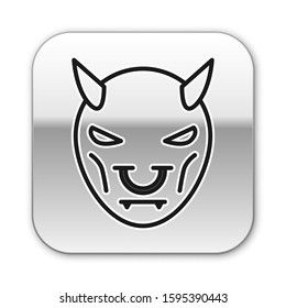 Black line Mask of the devil with horns icon isolated on white background. Silver square button. Vector Illustration
