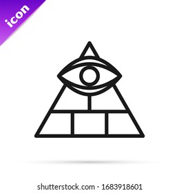 Black line Masons symbol All-seeing eye of God icon isolated on white background. The eye of Providence in the triangle.  Vector Illustration