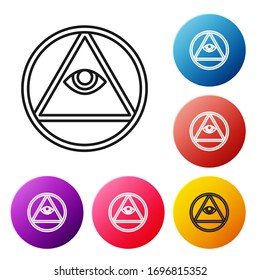 Black line Masons symbol All-seeing eye of God icon isolated on white background. The eye of Providence in the triangle. Set icons colorful circle buttons. Vector Illustration