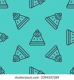 Black line Masons symbol All-seeing eye of God icon isolated seamless pattern on green background. The eye of Providence in the triangle.  Vector