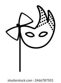 Black line masquerade mask with bow and stick, carnival illustration