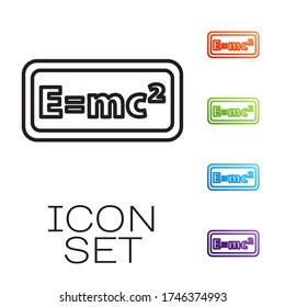 Black line Math system of equation solution icon isolated on white background. E equals mc squared equation on computer screen. Set icons colorful. Vector