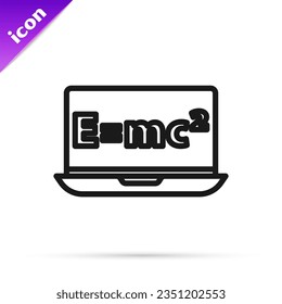 Black line Math system of equation solution on laptop icon isolated on white background. E equals mc squared equation on computer screen.  Vector