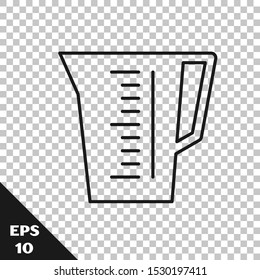 Black line Measuring cup to measure dry and liquid food icon isolated on transparent background. Plastic graduated beaker with handle.  Vector Illustration