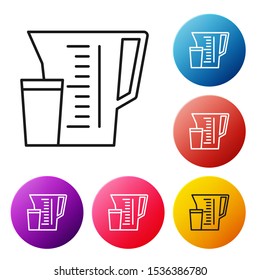 Black line Measuring cup to measure dry and liquid food icon isolated on white background. Plastic graduated beaker with handle. Set icons colorful circle buttons. Vector Illustration