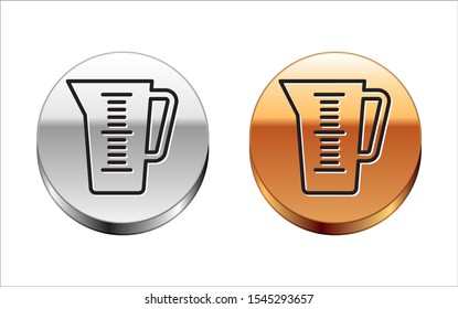 Black line Measuring cup to measure dry and liquid food icon isolated on white background. Plastic graduated beaker with handle. Silver-gold circle button. Vector Illustration