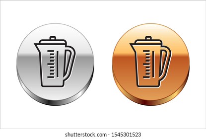 Black line Measuring cup to measure dry and liquid food icon isolated on white background. Plastic graduated beaker with handle. Silver-gold circle button. Vector Illustration