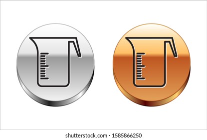 Black line Measuring cup to measure dry and liquid food icon isolated on white background. Plastic graduated beaker with handle. Silver-gold circle button. Vector Illustration