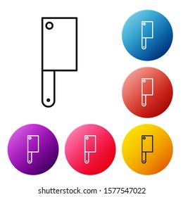 Black line Meat chopper icon isolated on white background. Kitchen knife for meat. Butcher knife. Set icons colorful circle buttons. Vector Illustration