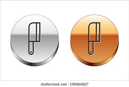 Black line Meat chopper icon isolated on white background. Kitchen knife for meat. Butcher knife. Silver-gold circle button. Vector Illustration