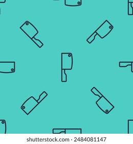 Black line Meat chopper icon isolated seamless pattern on green background. Kitchen knife for meat. Butcher knife.  Vector