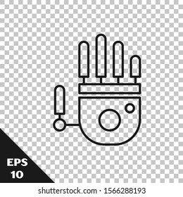 Black line Mechanical robot hand icon isolated on transparent background. Robotic arm symbol. Technological concept.  Vector Illustration