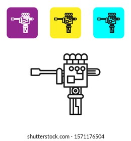 Black line Mechanical robot hand and screwdriver tool icon isolated on white background. Robotic arm symbol. Technological concept. Set icons colorful square buttons. Vector Illustration