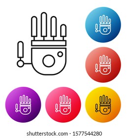 Black line Mechanical robot hand icon isolated on white background. Robotic arm symbol. Technological concept. Set icons colorful circle buttons. Vector Illustration