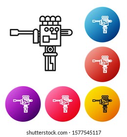 Black line Mechanical robot hand and screwdriver tool icon isolated on white background. Robotic arm symbol. Technological concept. Set icons colorful circle buttons. Vector Illustration