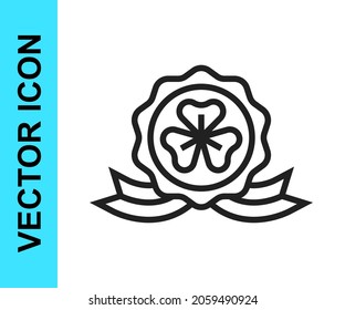 Black line Medal with clover trefoil leaf icon isolated on white background. Happy Saint Patricks day. National Irish holiday.  Vector