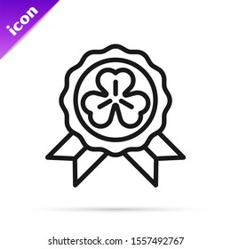 Black line Medal with four leaf clover icon isolated on white background. Happy Saint Patrick day.  Vector Illustration