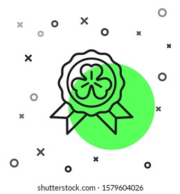 Black line Medal with four leaf clover icon isolated on white background. Happy Saint Patrick day.  Vector Illustration