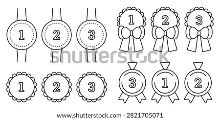 Black line medal set. 1st, 2nd and 3rd winning places. Editable stroke monochrome vector icons. Award and trophy thin outline signs with bows, ribbons, openwork elements and dotted lines