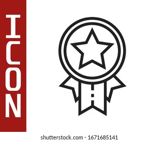 Black line Medal with star icon isolated on white background. Winner achievement sign. Award medal.  Vector Illustration