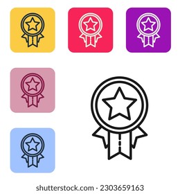 Black line Medal with star icon isolated on white background. Winner achievement sign. Award medal. Set icons in color square buttons. Vector Illustration