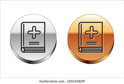 Black line Medical book icon isolated on white background. Silver-gold circle button. Vector Illustration