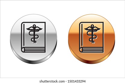 Black line Medical book icon isolated on white background. Silver-gold circle button. Vector Illustration