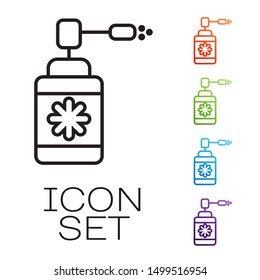 Black line Medical bottle with nozzle spray for the treatment of diseases of the nose and throat icon isolated on white background. Set icons colorful. Vector Illustration