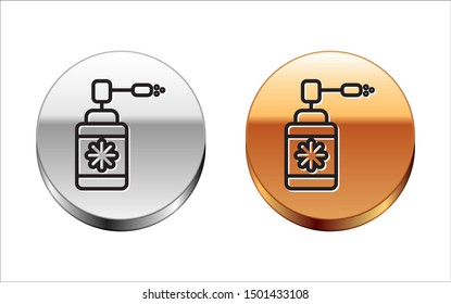 Black line Medical bottle with nozzle spray for the treatment of diseases of the nose and throat icon isolated on white background. Silver-gold circle button. Vector Illustration
