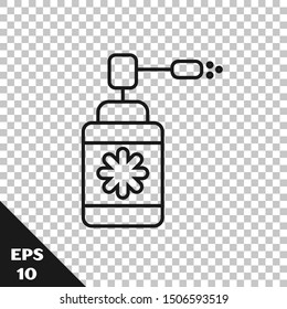 Black line Medical bottle with nozzle spray for the treatment of diseases of the nose and throat icon isolated on transparent background.  Vector Illustration