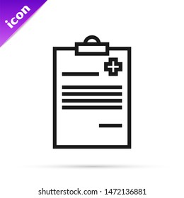 Black Line Medical Clipboard With Clinical Record Icon Isolated On White Background. Health Insurance Form. Prescription, Medical Check Marks Report.  Vector Illustration